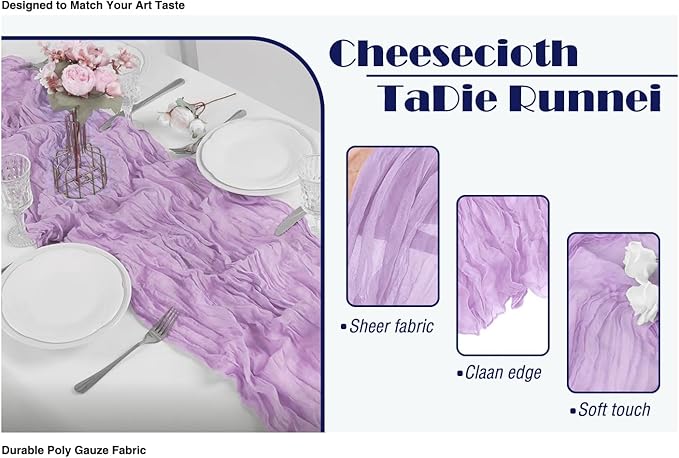 20 Pack Lavender Cheesecloth Table Runner 17x108 Inch Boho Wrinkled Sheer Gauze Cheese Cloth Table Runner Bulk Decor for Wedding, Bridal Shower, Birthday Party