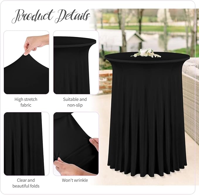 fani 6 Packs 32"x 43" Round Cocktail Table Skirt, Spandex Fitted High Top Table Skirt, Spandex Stretch Cocktail Tablecloth for Wedding Party Bar Banquet Birthday Tables(Black)