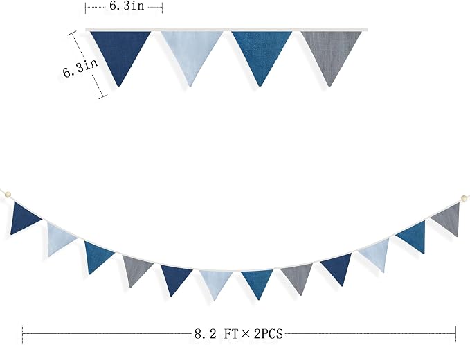 2 Sets of Blue Grey Nursery Garland 24Pcs Royal Fabric Linen Baby Banner Triangle Pennant Flags Streamers for Kids Boys Nautical Birthday Baby Shower Party Decorations Baby Bedroom Nursery Decor