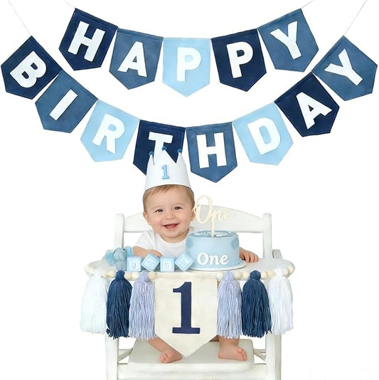 Navy Blue 1st Birthday Decorations for Boy -high chair banner first birthday boy Felt Happy Birthday Banner，birthday cake topper & Crown Hat,All-in-one First Birthday Decor Kit for Baby Boy