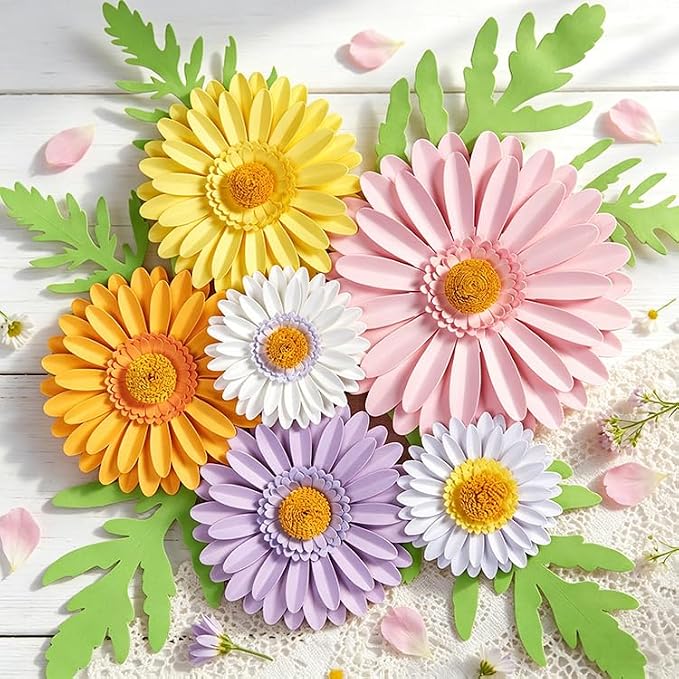 SUNBEAUTY Daisy Party Decorations, Paper Flowers, Flower Wall, Purple Yellow Flowers Wall Hanging, 1st Birthday Bridal Baby Shower Wedding Classroom Tea Party Daisy Décor 10" 7" 5" Pack of 12