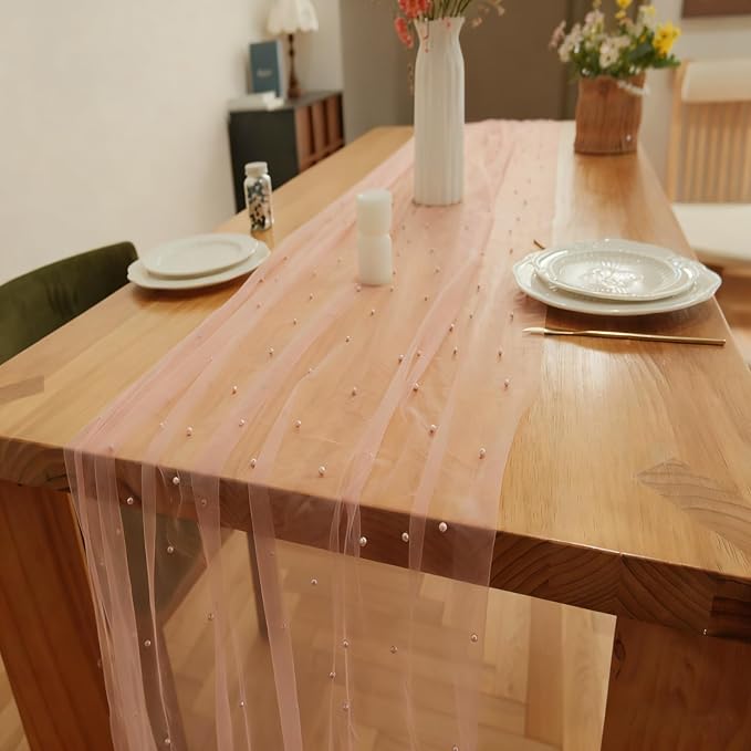 Set of 1 Pearl Table Runner 10ft, 29 * 120 Inch Dusty Pink Table Cloth Pearl Sheer Tulle Table Cover,Pearl Table Runner for Wedding Party Baby Shower Birthday Home Decor