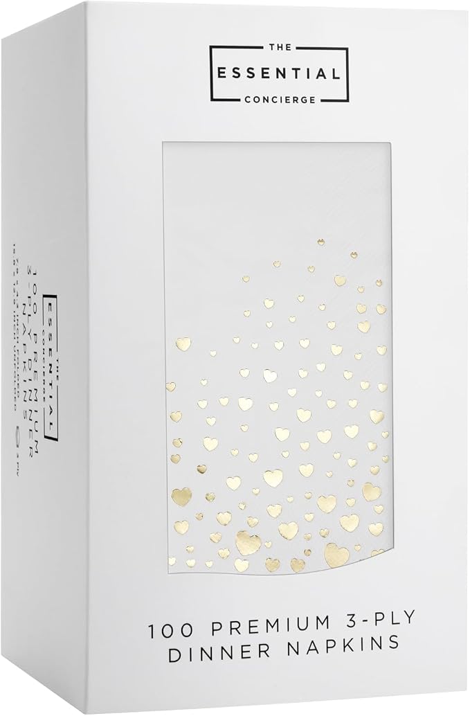 Stylish Gold Dinner Napkins, Disposable White and Gold Napkins, 100 Heart Napkins, 7.5 x 4.25 Inch Wedding Napkins for Reception, 3-Ply Gold Paper Dinner Napkins for Wedding Reception