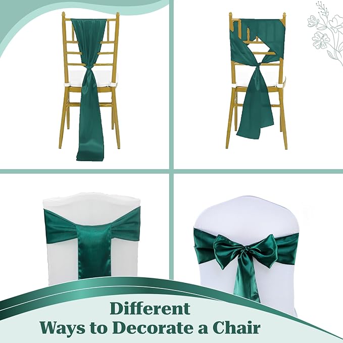 MDS Satin Chair Sashes, 125 Pack, 7”x108” Each, Decorative Chair Bows Ribbon Tie Backs for Wedding Party, Holiday Dinner, Birthday, Reception, Banquet, Hotel & Event Decoration - Hunter Green