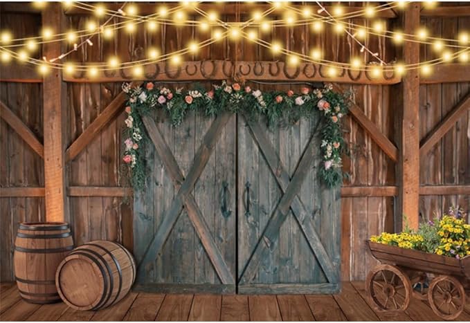 Leowefowa Western Wedding Backdrop 15x10ft Rustic Floral Barn Door Light Strings Barrels Photography Background Bridal Shower Photo Booth Props Cowboy Western Themed Party Decorations Banner Vinyl