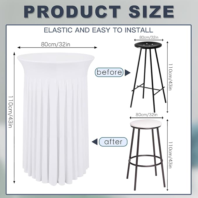 6 Pcs White Spandex Stretch Round Cocktail Table Skirt, 32x43 Inch High Top Table Covers, Fitted Table Cloths for Wedding, Bar, Banquet, Party Decor & Event Supplies
