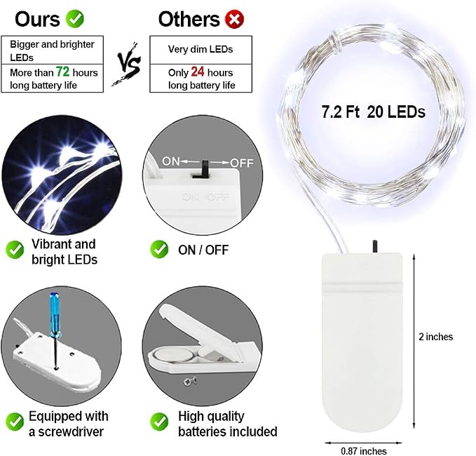 MUMUXI 32 Pack 7.2ft Fairy Lights Battery Operated. 20 LED String Lights Waterproof Silver Copper Wire Starry Firefly LEDs for Wedding Party Jars Christmas Decorations, Cool White