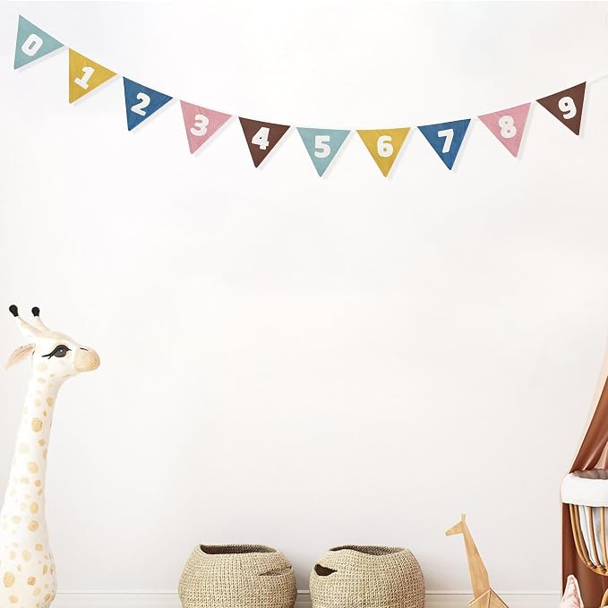 2 Sets of Retro Colored Pennant Banner 20Pcs Nursery Garland Flags Numbers 0-9 Fabric Linen Triangle Streamers for Kids Birthday Baby Shower Party Decorations Classroom Baby Room Math Learning Decor