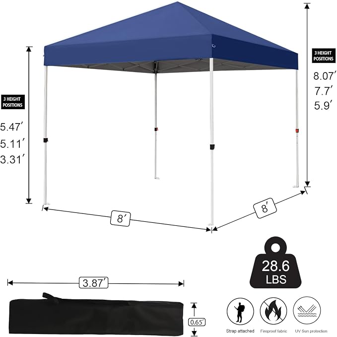 Northroad 8X8 FT Pop Up Canopy, Outdoor Instant Canopy Tent w/Carrying Bag, Portable Gazebo Shelter for Wedding Party,Commercial Event,Patio,Garden,Beach -Dark Blue