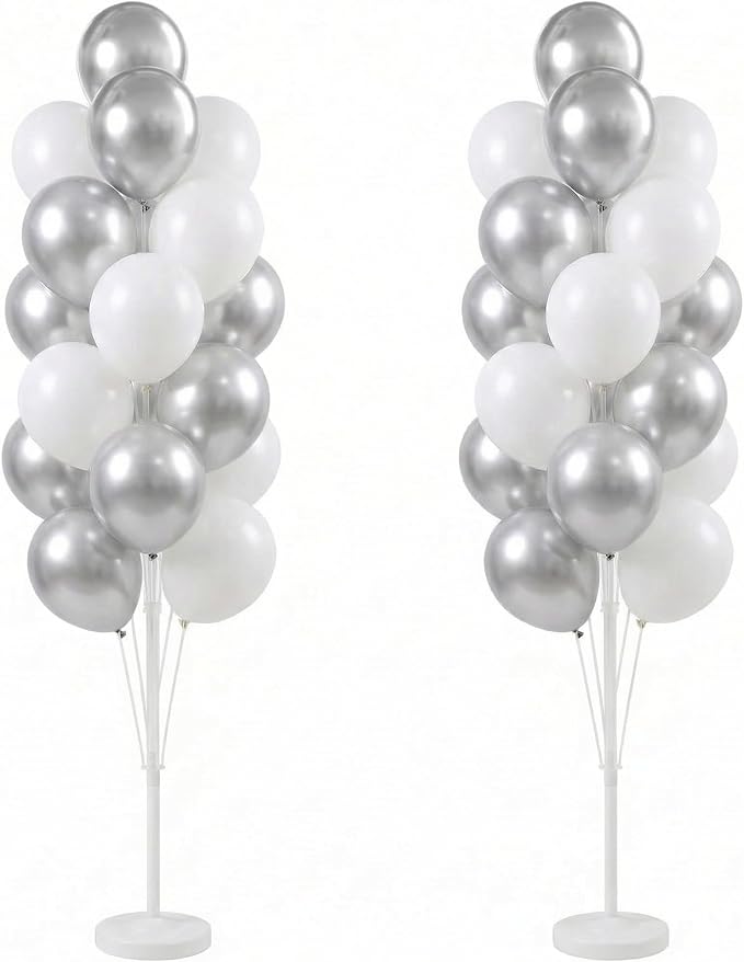 Balloon Column Kit Set of 2 With Balloons Included - with Base, and Pole,Balloon Tower Backdrop Decoration for Wedding, Baby Shower, Birthday Party, or Bachelorette Parties (Silver White)
