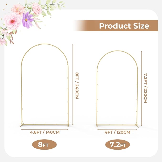 Babenest Gold Arch Backdrop Stand Set of 2, Metal Arch Wedding Stand, Balloon Arch Frame for Ceremony Birthday Party Bridal Baby Shower Banquet Halloween Decoration(7.2FT 8FT)