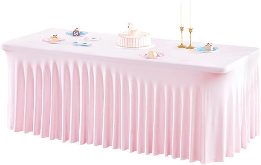 1 Pack Pink Table Clothes for 8 Foot Rectangle Tables, One-Piece Wrinkle Resistant Stretch Spandex Table Covers with Skirt for Event Banquet Wedding Birthday Party