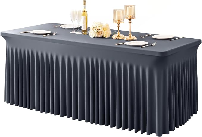1 Pack Grey Table Clothes for 4 Foot Rectangle Tables, One-Piece Wrinkle Resistant Stretch Spandex Table Covers with Skirt for Event Banquet Wedding Birthday Party