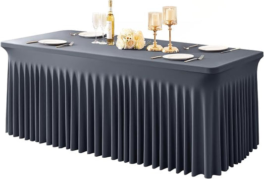 1 Pack Grey Table Clothes for 4 Foot Rectangle Tables, One-Piece Wrinkle Resistant Stretch Spandex Table Covers with Skirt for Event Banquet Wedding Birthday Party