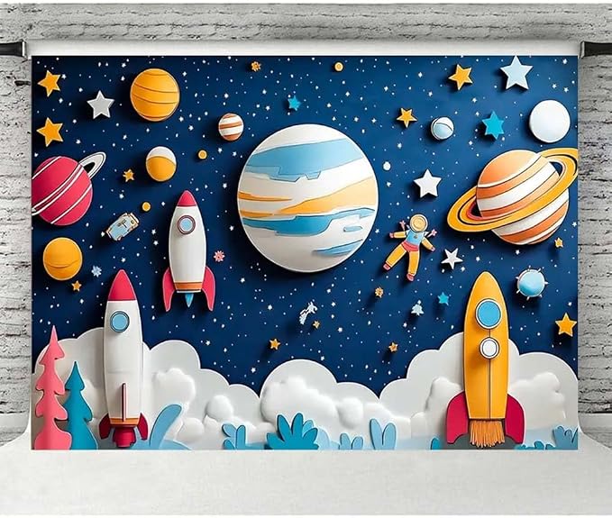 Outer Space Birthday Backdrop Cartoon Rocket and Planets Photography Banner Universe Galaxy Stars Boy Girl Newborn Baby Shower Background First Birthday Backdrop for Boys (A, 6x4feet)