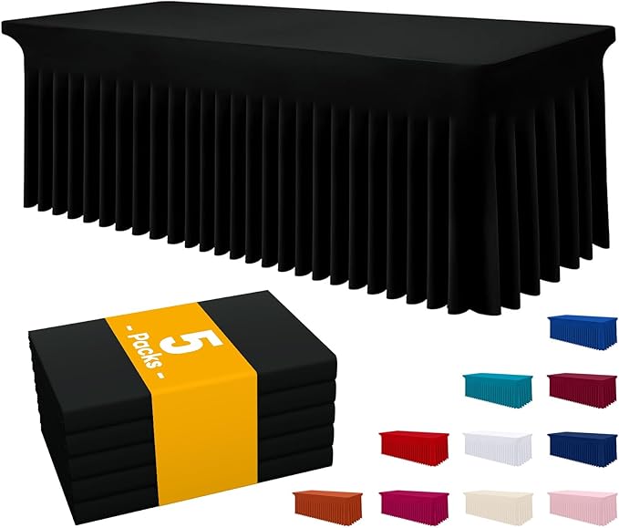 Smiry Spandex Tablecloth 5 Pack, Elastic Fitted Stretch Tablecloth for 6FT Rectangle Tables, Waterproof Washable Table Cover Skirt for Outdoor, Wedding, Banquet & Parties (Black, 72Lx30Wx30H Inch)