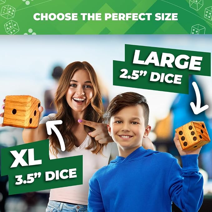 SWOOC Yardzee, Farkle & 20+ Games - Light-Weight Yard Dice Game Set (All Weather) with Collapsible Bucket, 5 Big Laminated Score Cards, and Marker (Choose 2.5in or 3.5in Dice) Yard Games