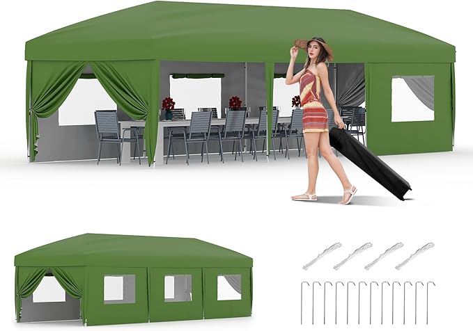 10x30 Pop Up Canopy - Heavy Duty Outdoor Canopy Tent with Portable Roller Bag - 3 Adjustable Height, 4 Weight Bags, 8 Stakes & 6 Guy Ropes Included, Green