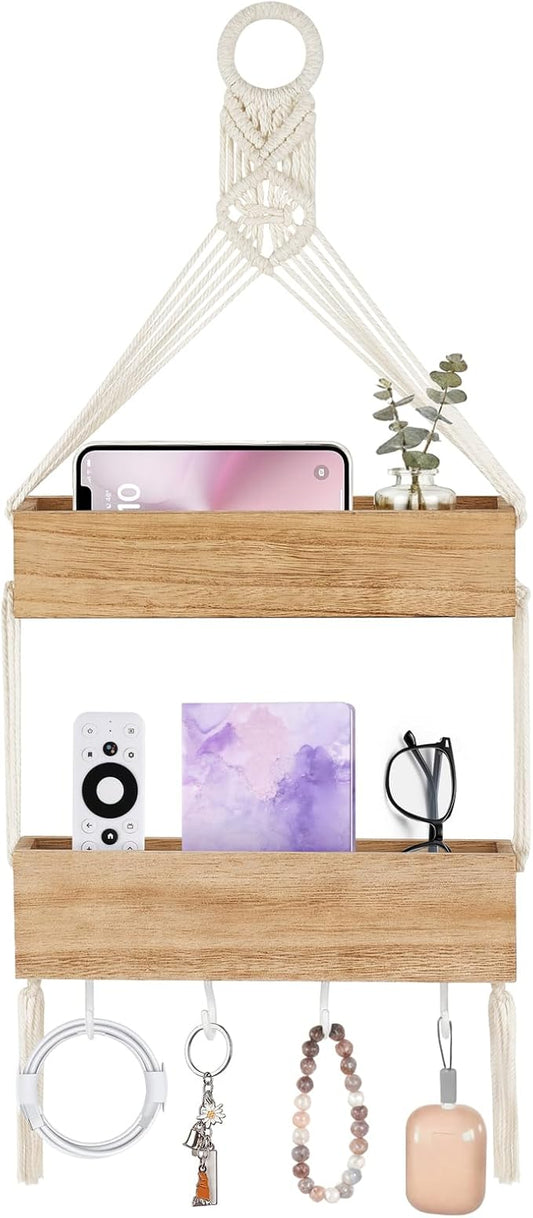 Mkono Macrame Hanging Photo Display Wall Decor with String Lights and Macrame Hanging Shelf for Bedside Shelf Organizer with Hooks