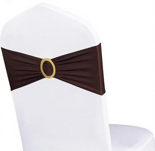 Pack of 50 Spandex Brown Chair Sashes with Gold Buckles, Stretch Chairs Sashes for Wedding Party Birthday Halloween Ceremony Event Decorations Chair Bands Bows (Brown Sashes, Gold Buckles)