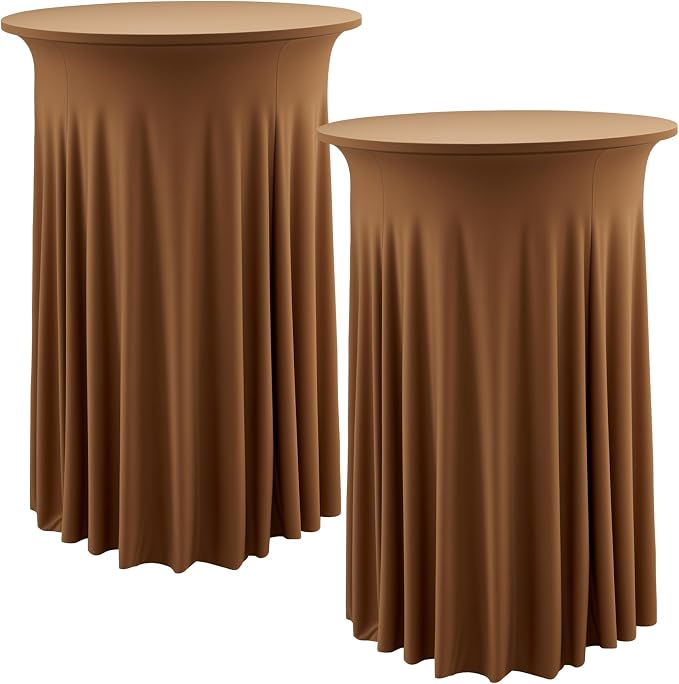 2 pk Brown Cocktail Table Cloth Round 32×43in-High Top Highboy Bar Coffee Cocktail Tablecloths-Wrinkle Free Stretchy Fitted Spandex Table Covers with Ruffle Desk Skirt for Wedding Banquet Party Tables