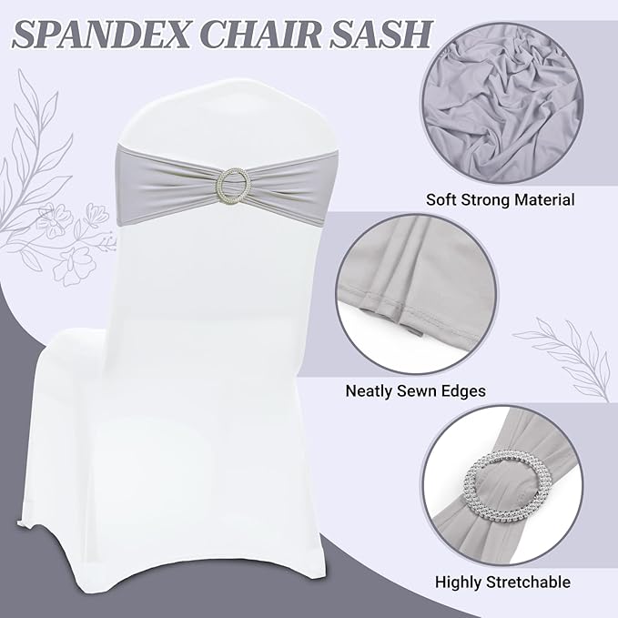 VDS - Light Silver | Spandex Chair Sashes Bows | 75 PCS | Stretch Elastic Banquet Universal Folding Chair Band Tie with Silver Buckle Slider for Wedding Party Conference Celebration Event Decoration