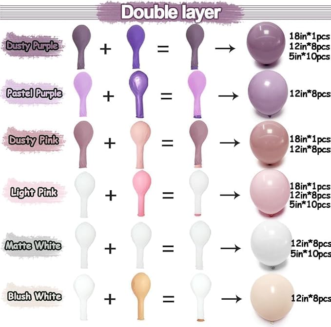 Purple Pink Balloon Arch Kit, Double Stuffed Pastel Pink Lavender White Beige Balloon Garland Dusty Light Lilac Cream Balloons for Birthday Baby Shower Wedding Bridal Shower Mothers Day Party Decor