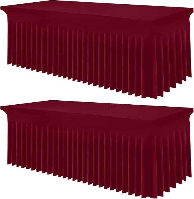 Smiry Spandex Tablecloth 2 Pack, Elastic Fitted Stretch Tablecloth for 6FT Rectangle Tables, Waterproof Washable Table Cover Skirt for Outdoor, Wedding, Banquet & Parties (Wine Red, 72Lx30Wx30H Inch)