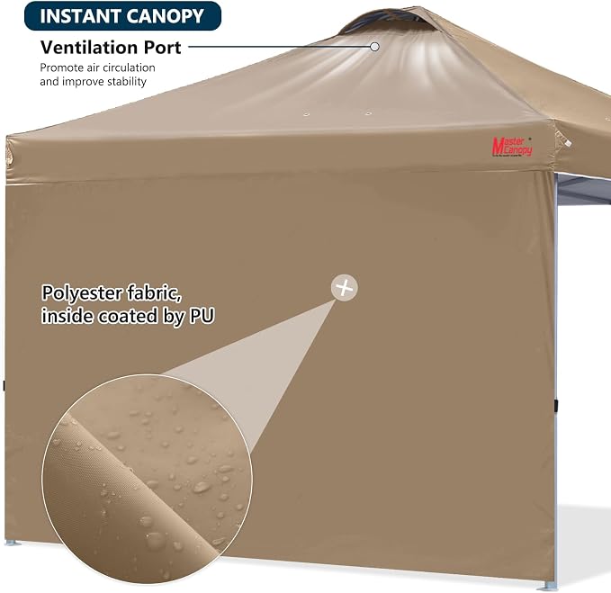MASTERCANOPY 6.6x6.6 Pop Up Canopy Tent with 1 Sidewall, 1 Person Setup Instant Shelter, Outdoor Portable Beach Canopy, 1 Roller Bag, 4 Sandbags, 4 Ropes, 8 Stakes (6.6x6.6, Khaki)