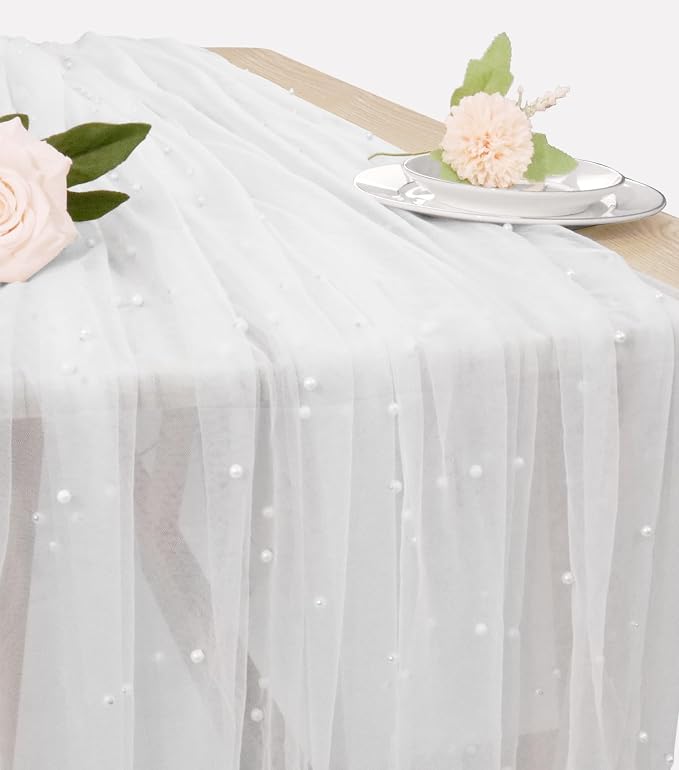 Set of 6 Pearl Table Runner 29 x 120 Inch White Tulle Fabric Lace Table Runners Boho Rustic Table Runners for Bridal Shower Birthday Party Wedding Arch Veil Dessert Table Decor(White)