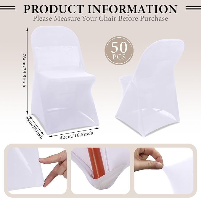 Newwiee 50 Pcs Spandex Chair Covers Bulk - Stretch Folding Flat Front Fitted Universal Chair Protector Pack Removable Washable for Wedding Party Dining Banquet Event (White)