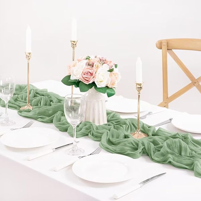 MLMC 3 Pack Sage Green Table Runner 10ft Rustic Boho Cheesecloth Table Runner Spring Cheese Cloth Centerpiece Decor 35x120 Inches for Wedding Bridal Baby Shower Decor