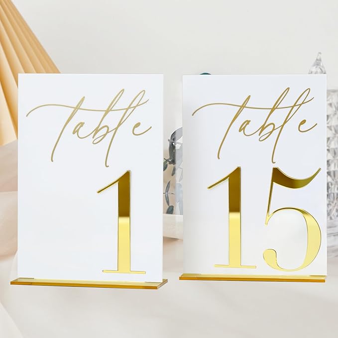 Acrylic Wedding Table Numbers 1-15 with Stands, 5"x7" White Acrylic Signs with 3D Gold Mirror Numbers, White and Gold 3D Table Numbers for Wedding Reception, Anniversary, Event