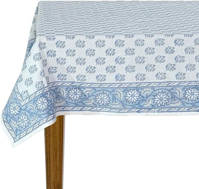 Ridhi Sky Beau Blue Hand Block Print Cotton Rectangle Tablecloth 118" x 70" inches Reusable Table Cover Decorative Everyday Use for Dining Room, Farmhouse, Home Gift for Spring, Mother's Day