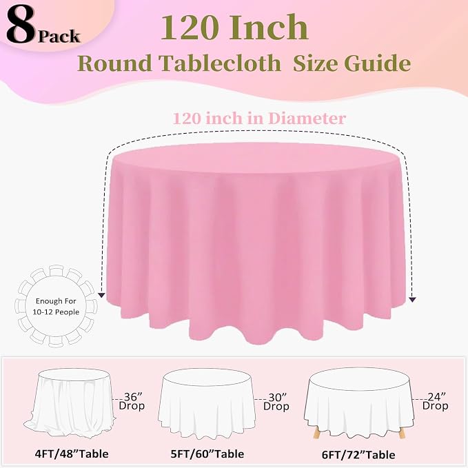 8 Pack Pink Round Tablecloth 120 Inch Round Table Cloth, Wrinkle Resistant and Washable Tablecloth Polyester Fabric Table Cloth Round Cover for Dining Wedding Banquet Party