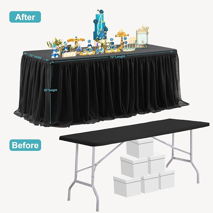 2 Pack Black Tulle Tablecloth Table Skirt for 6 Foot Rectangle Tables Birthday Table Cloths Ruffle Tutu Table Skirt Stretch Fitted Table Covers for Party Wedding Reception Baby Shower Banquet Decor