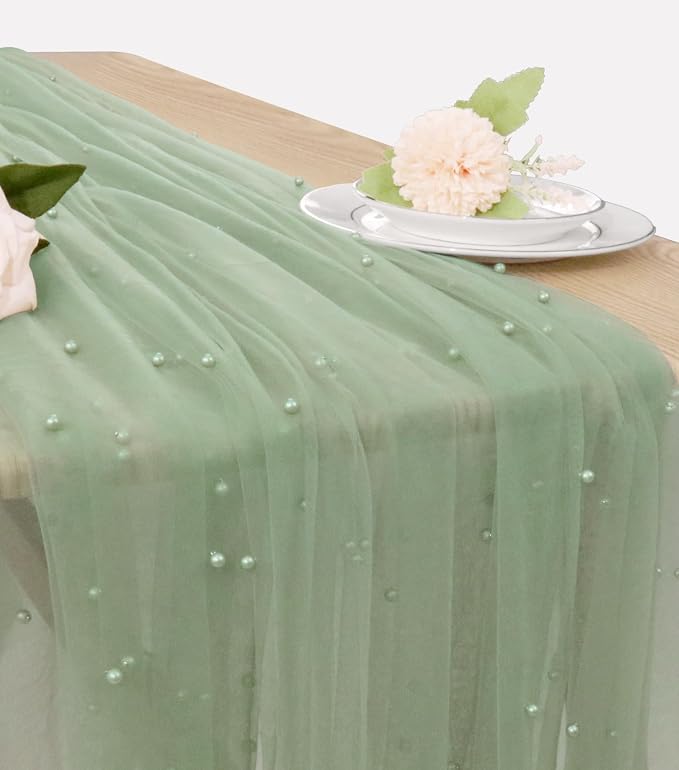 Set of 6 Pearl Table Runner 29 x 120 Inch Sage Green Tulle Fabric Lace Table Runners Boho Rustic Table Runners for Bridal Shower Birthday Party Wedding Arch Dessert Table Decor(Sage Green)