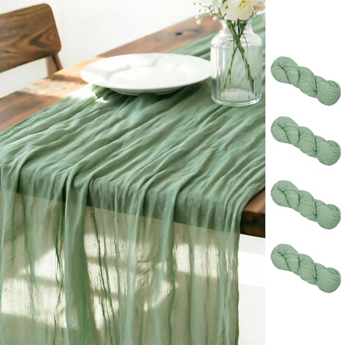 LINXTAR Sage Green Cheesecloth Table Runner 4 Pack 120 Inches 10Ft Gauze Summer Boho Table Runner for Wedding Tea Party Baby Shower Bridal Birthday Home Decoration
