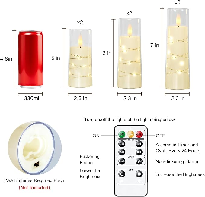 Raycare Flameless Candle with Remote Timer 7 Flickering Acrylic Battery Operated LED Pillar Candles with Embedded Star String for Christmas, Wedding, Home Table Decor, and as a Gift (Ivory White)