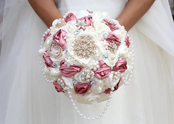 Dusty Pink Rose and Ivory Wedding Bouquet with Rhinestone Brooch Pearl String Satin Flower Cascade Bridal Bouquet for Bride Bridesmaid Quinceanera Wedding 6.3in
