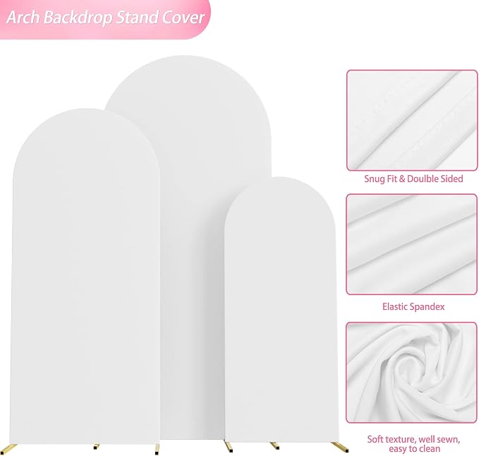 Wokceer Set of 3 Wedding Arch Cover Spandex Fitted Wedding Arch Stand Covers for Round Top Chiara Arch Backdrop Stands Cover for Birthday Party Ceremony Banquet Decoration 4ft,5ft,6ft White