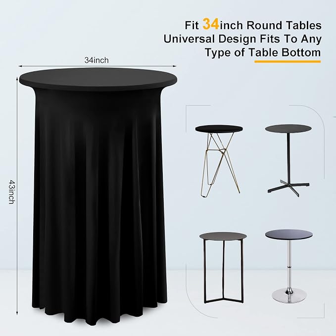 2 Packs Black Round High Top Table Cloth for Cocktail Party 32inch×43inch Stretchy Wrinkle Free Spandex Cocktail Table Covers with Table Skirt for Party Wedding Banquet Baby Shower Baptism Decor