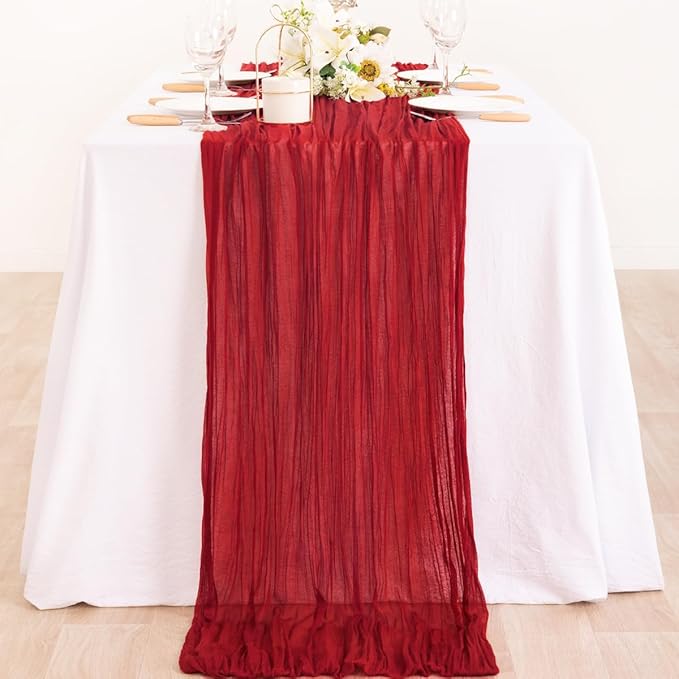 MLMC Red Table Runner 10ft Boho Gauze Cheesecloth Table Runner Rustic Cheese Cloth Decor 35x120 Inches for Wedding Reception Annniversary Home Decor
