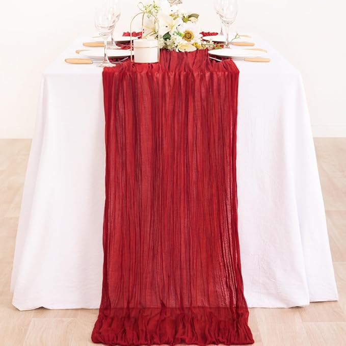 MLMC 6 Pack Red Table Runner Boho Rustic Gauze Cheesecloth Table Runner Sheer Cheese Cloth Centerpiece Decor 65x120 Inches for Wedding Reception Annniversary Decor