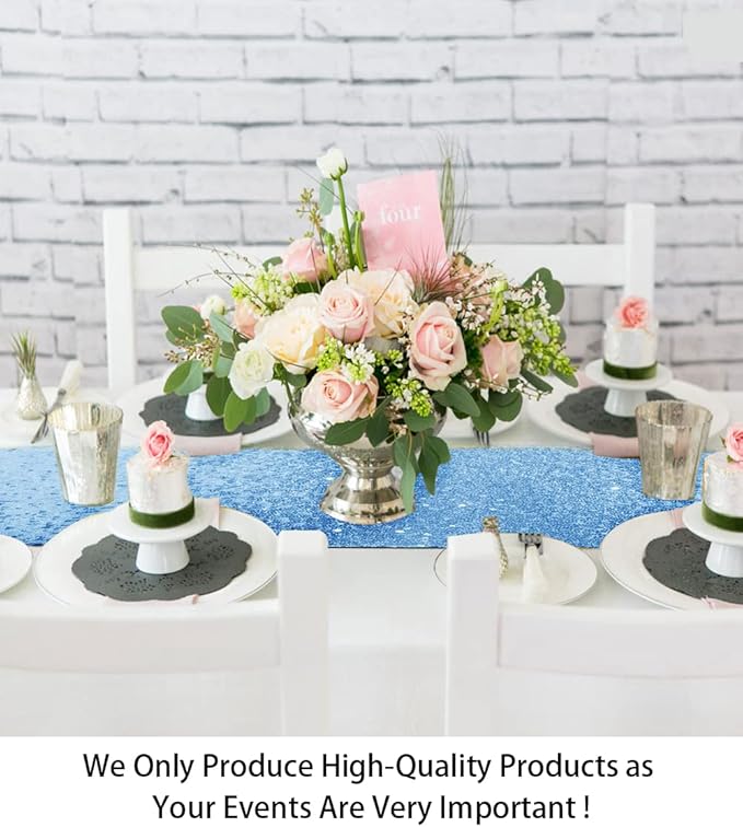 ShinyBeauty Table Runners Baby Blue 12"x108" 15 Pack Sequin Table Runner Glitter Sequence Fabric Cloth Runners Birthday Event Supplies Light Blue Runners for Table Tea Party Wedding Decor