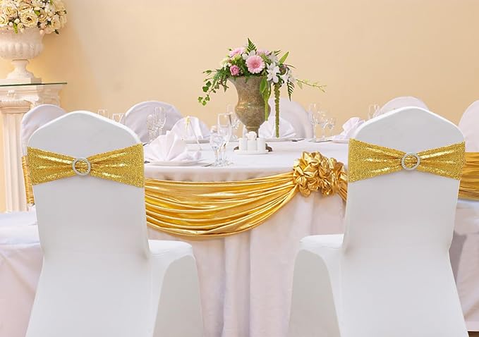 Full Sparkly Sequins Gold Chair Sashes for Wedding, Shimmering Glitter Chair Bands Bows for Party Ceremony Event Decorations - 50 Pack