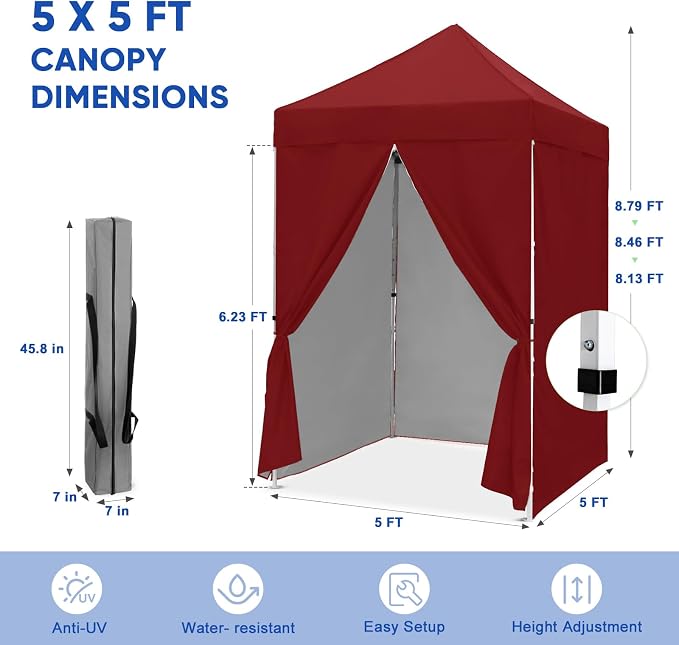 COOS BAY 5x5 Pop Up Canopy Tent with Side Walls, Easy Setup Portable Sun Shelter with Carry Bag, Outdoor Shade for Beach, Camping, Sports & Backyard, Burgundy