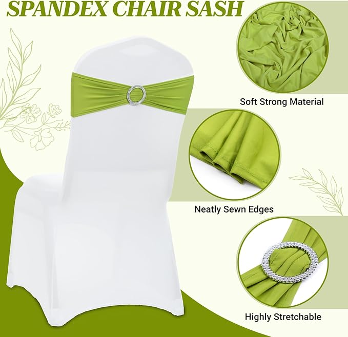 MDS Pack of 200 Spandex Chair Sashes Bow Universal fits Elastic Stretch Chair Bands Ties with Buckle for Wedding Party Banquet Events Decoration Spandex Slider Sashes Bow - Apple Green