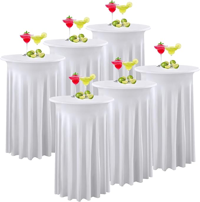 6 Pack 32×43 Inch White Spandex Coctail Table Cloth,Wrinkle Free Stretch Cocktail Table Covers with Wavy Skirt, High Top Highboy Bar Round Cocktail Tablecloths for Party Birthday Wedding Banquet