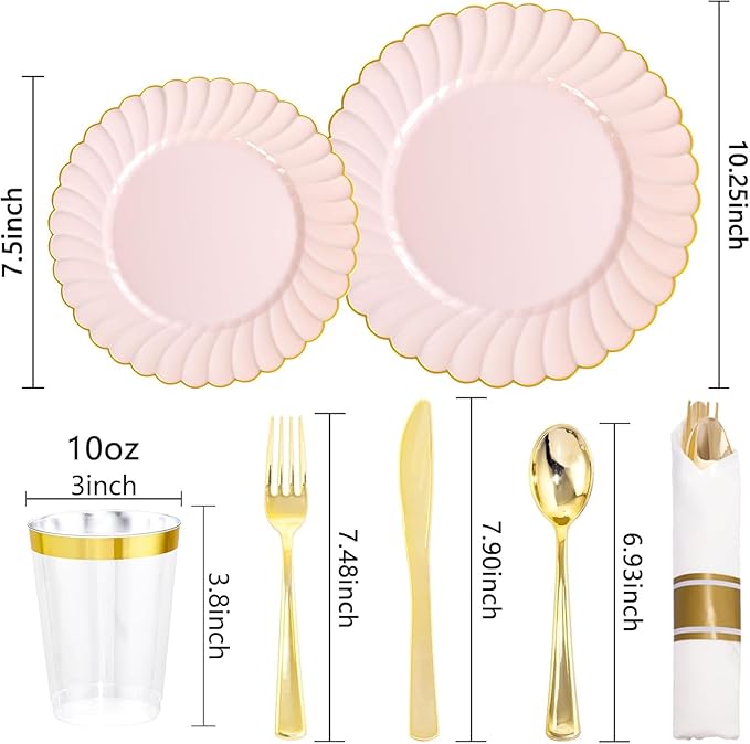 YOUBET 350PCS Pink Scalloped Plastic Plates - Pink and Gold Disposable Dinnerware Set Include 100 Plates, 150 Gold Silverware, 50 Cups, 50 Napkins for Wedding & Party Mothers Day